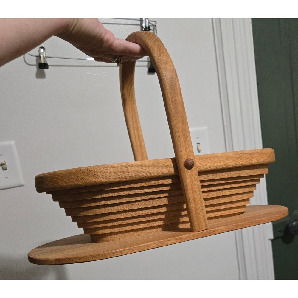 Vintage Folding Wooden Fruit Basket Collapsible Oak Wood Trivet Bread Board 15in